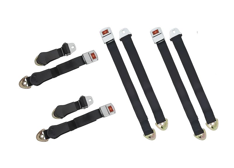 1966-67 Chevelle Deluxe Black Seatbelts; Front and Rear with Red/Gold Starburst; 4 Belts