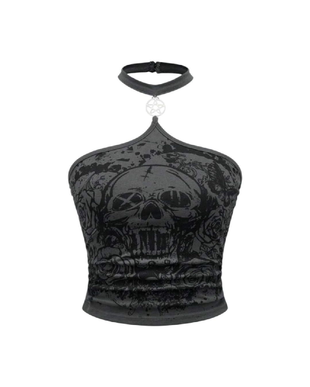 Top halter con estampado de calavera y dije de pentagrama