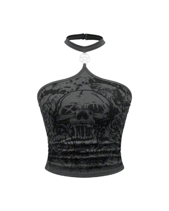 Top halter con estampado de calavera y dije de pentagrama