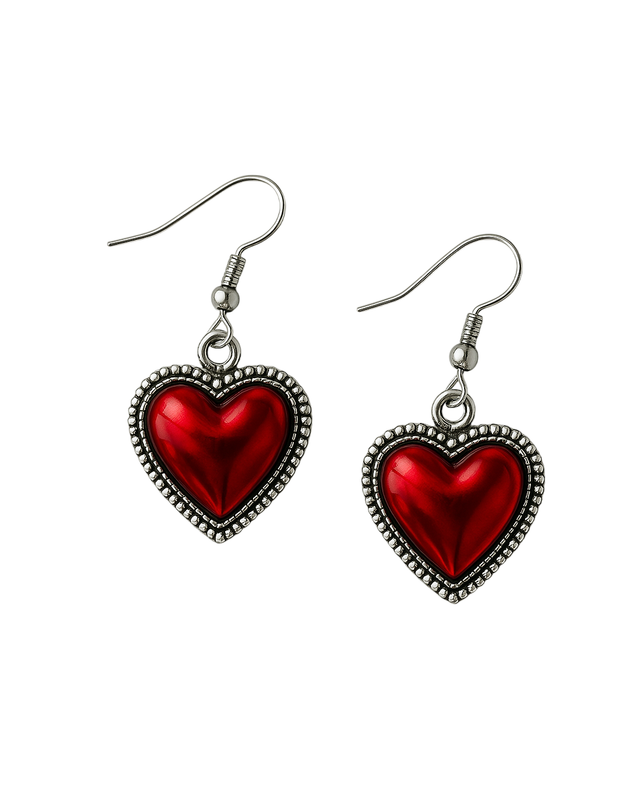 Aretes de corazón rojo con contorno plateado