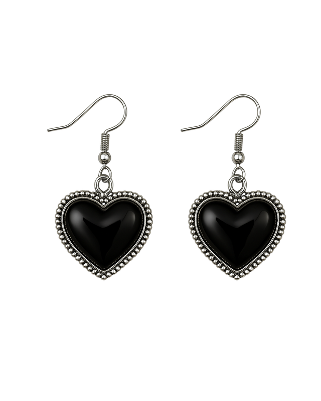 Aretes de corazón negro con contorno plateado