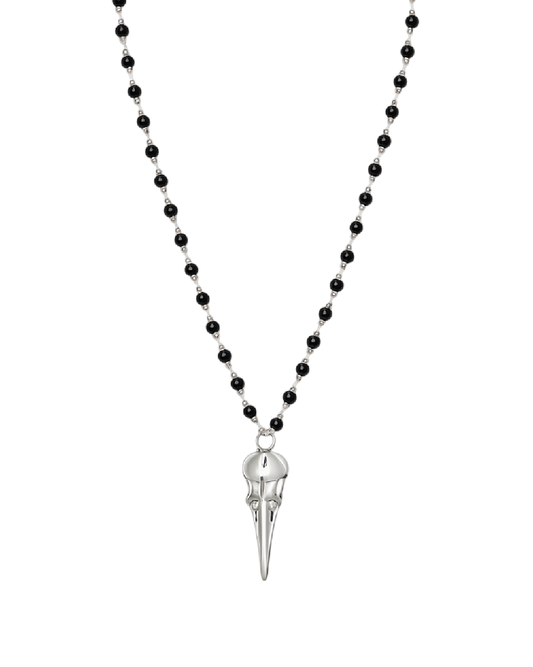 Collar de perlas negras con dije de calavera de pájaro