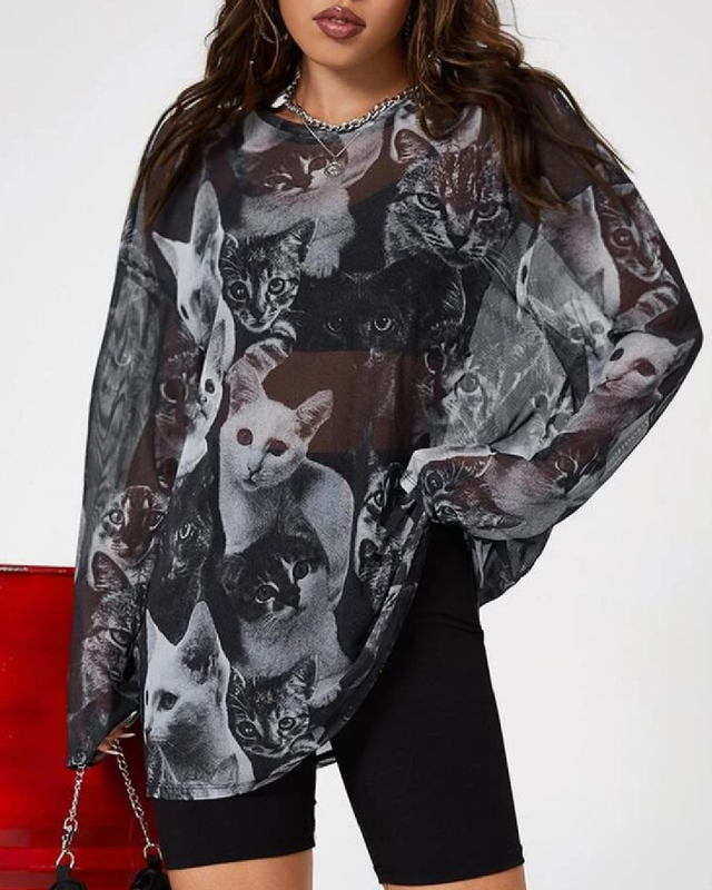 Camisa manga larga con estampado de gatos