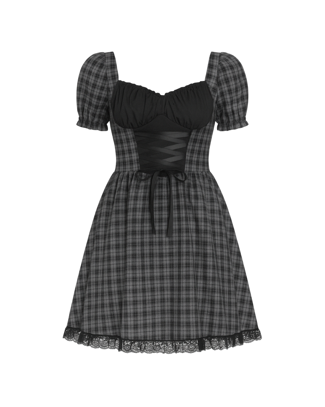 Vestido gris con encaje y cuadros estilo preppy
