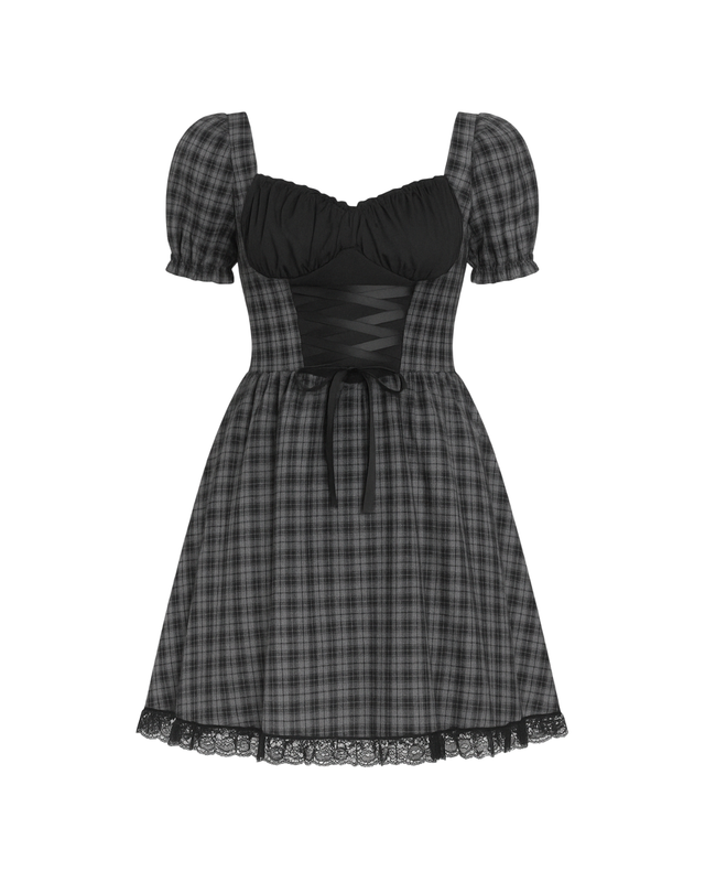 Vestido gris con encaje y cuadros estilo preppy