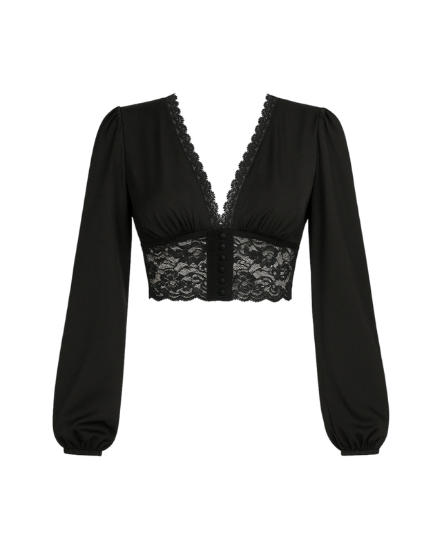 Blusa manga larga con encaje inferior y mangas abombadas