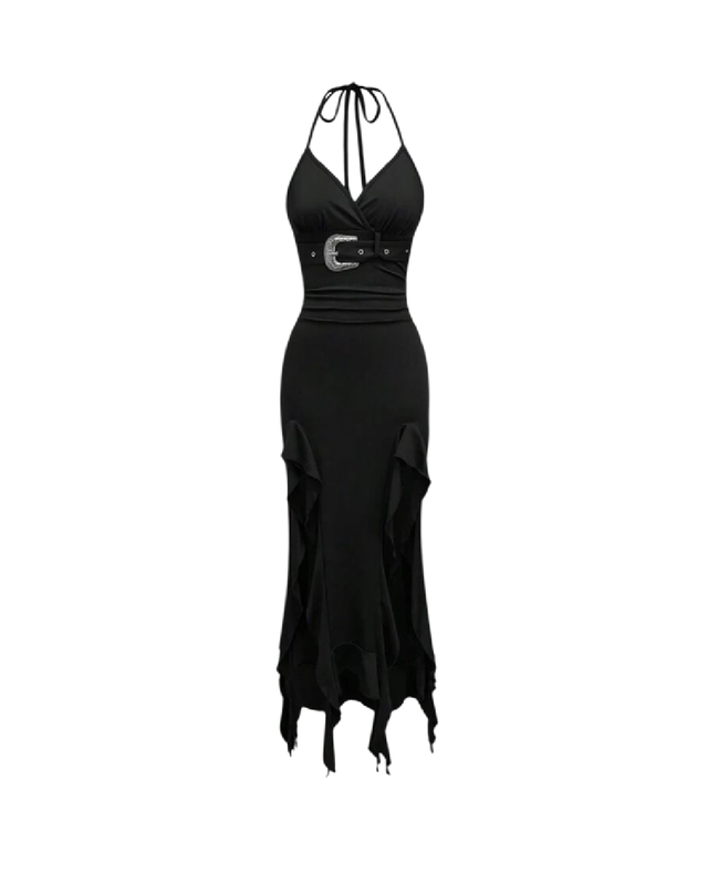 Vestido largo con cinturón de hebilla