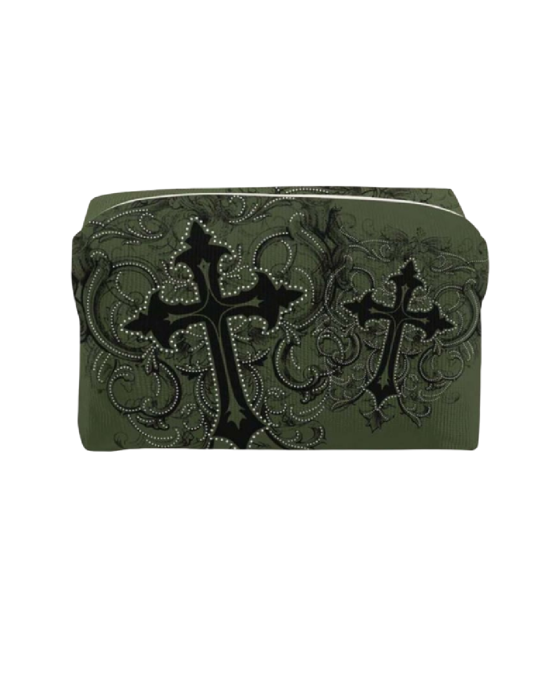 Cosmetiquera verde con cruz decorativa