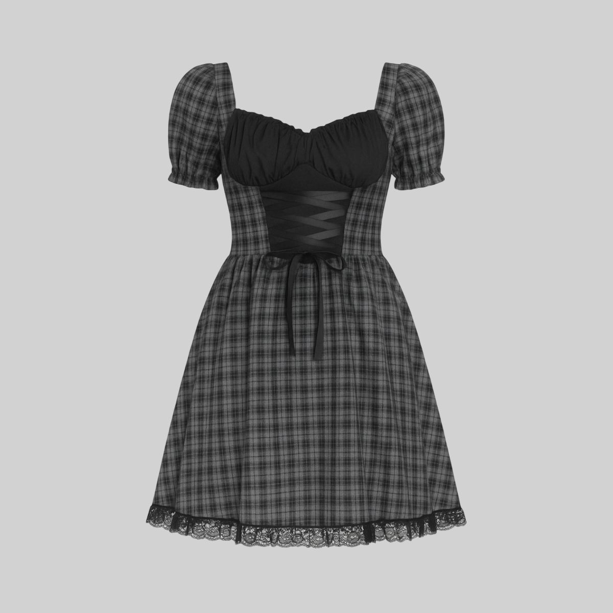 Vestido gris con encaje y cuadros estilo preppy