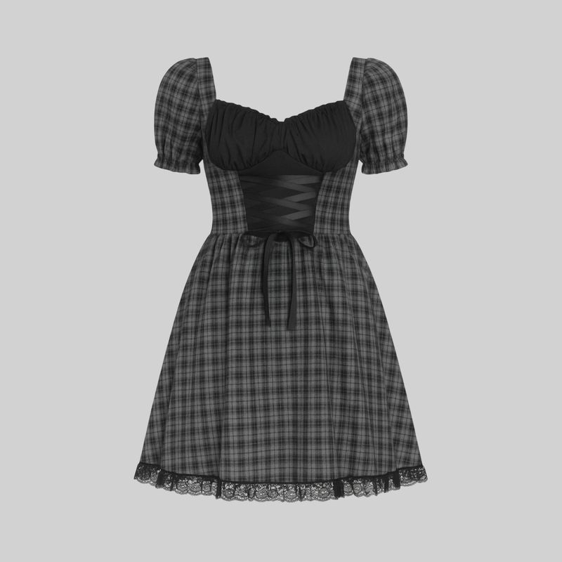 Vestido gris con encaje y cuadros estilo preppy