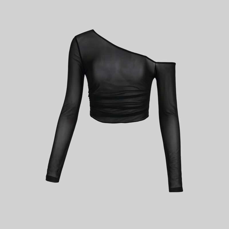 Blusa manga larga de malla asimétrico con hombro caído