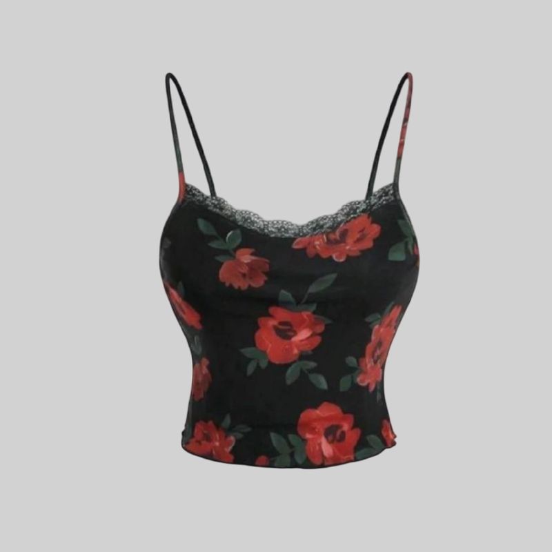 Top de encaje con diseño de flores rojas