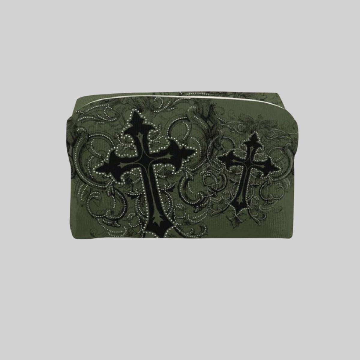 Cosmetiquera verde con cruz decorativa