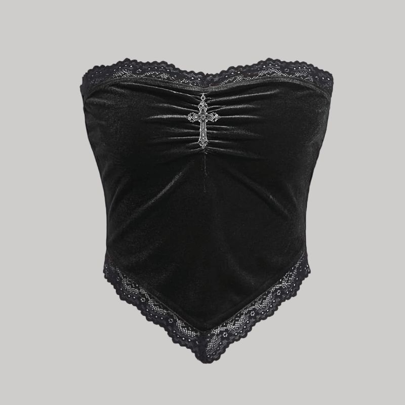 Top velvet fruncido con encaje + cruz
