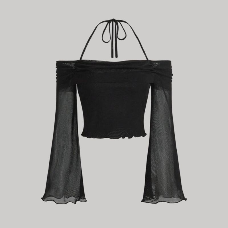 Top off-shoulder con mangas campana mesh