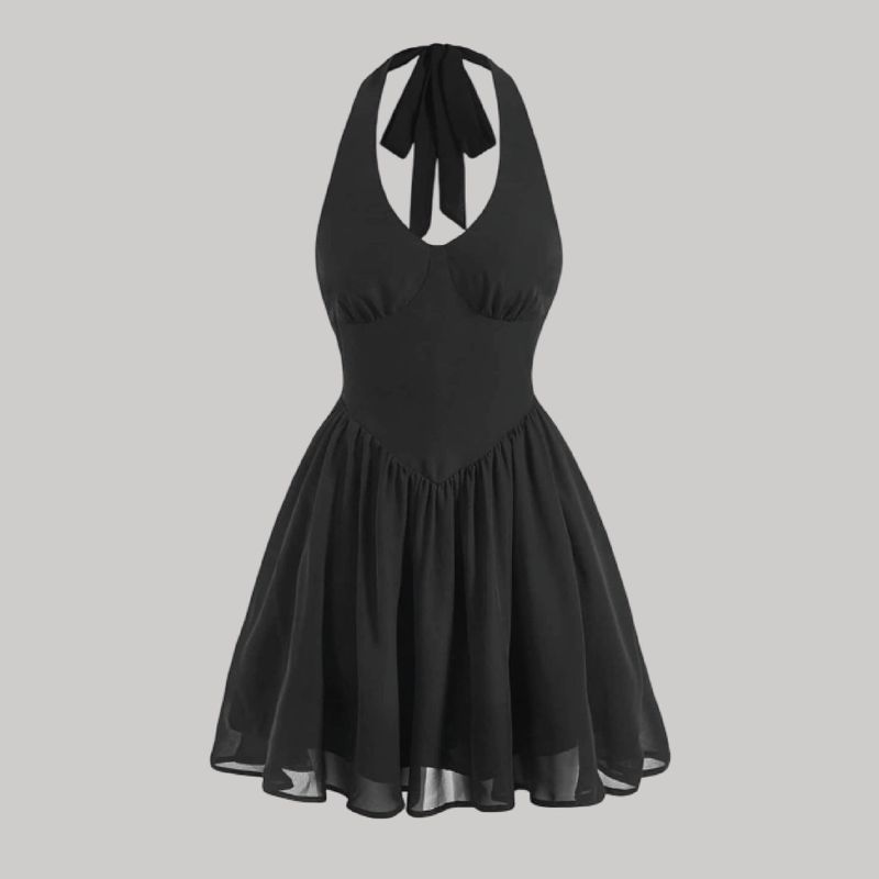 Vestido cuello ajustable + falda tableada