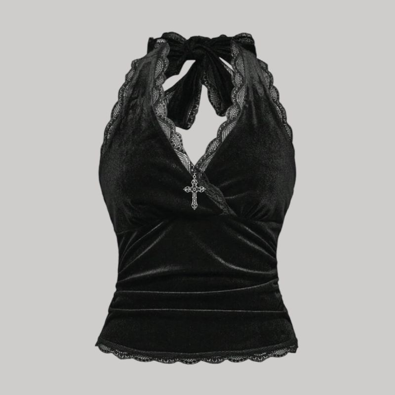 Top halter velvet con cruz