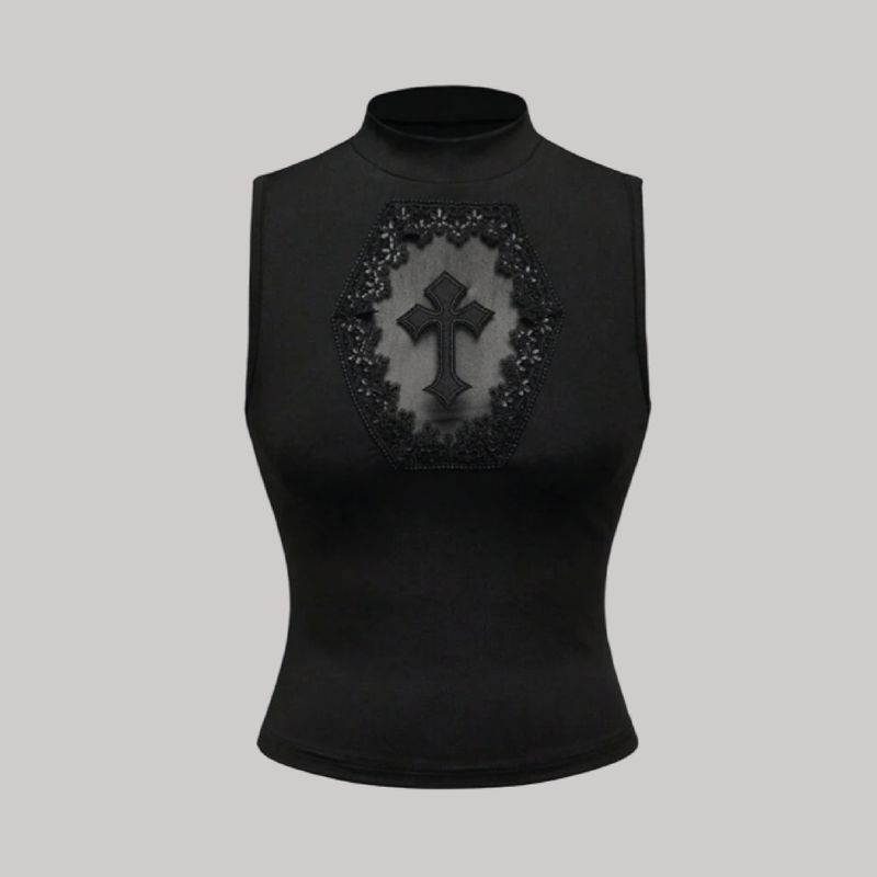 Blusa cuello tortuga + panel mesh + cruz