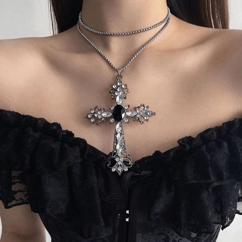 Collar cruz grande + perla negra