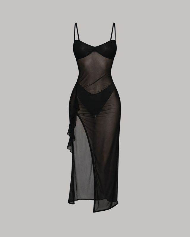 Vestido mesh largo con vuelos