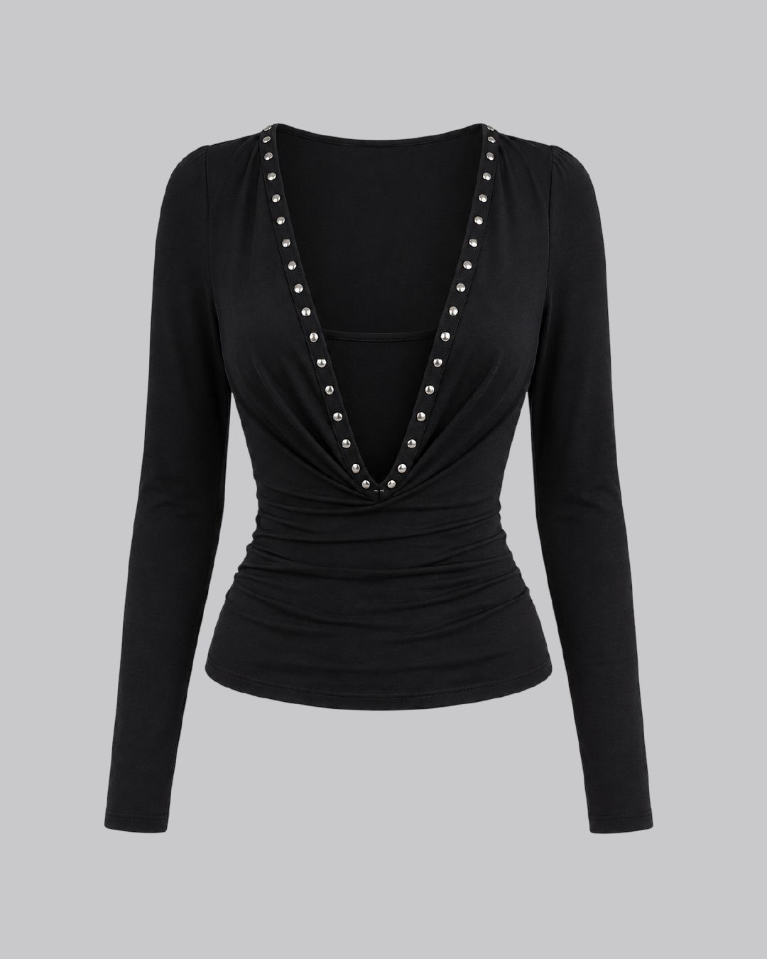 Blusa manga larga cuello caído con remaches