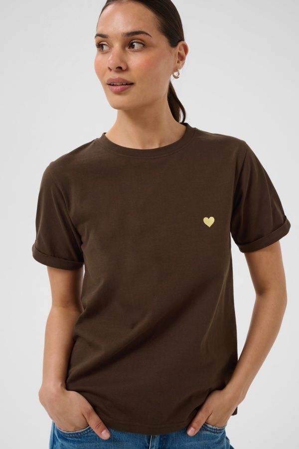 KF Heart T-Shirt, Colour: Brown/Yellow Heart, Size: XS