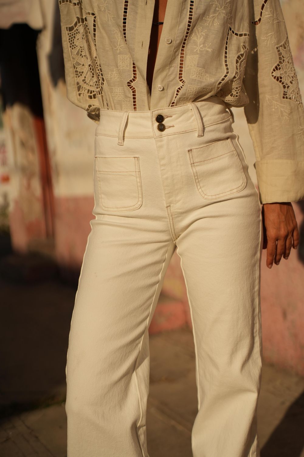 Flare Jeans ELENA - White/Beige Detail
