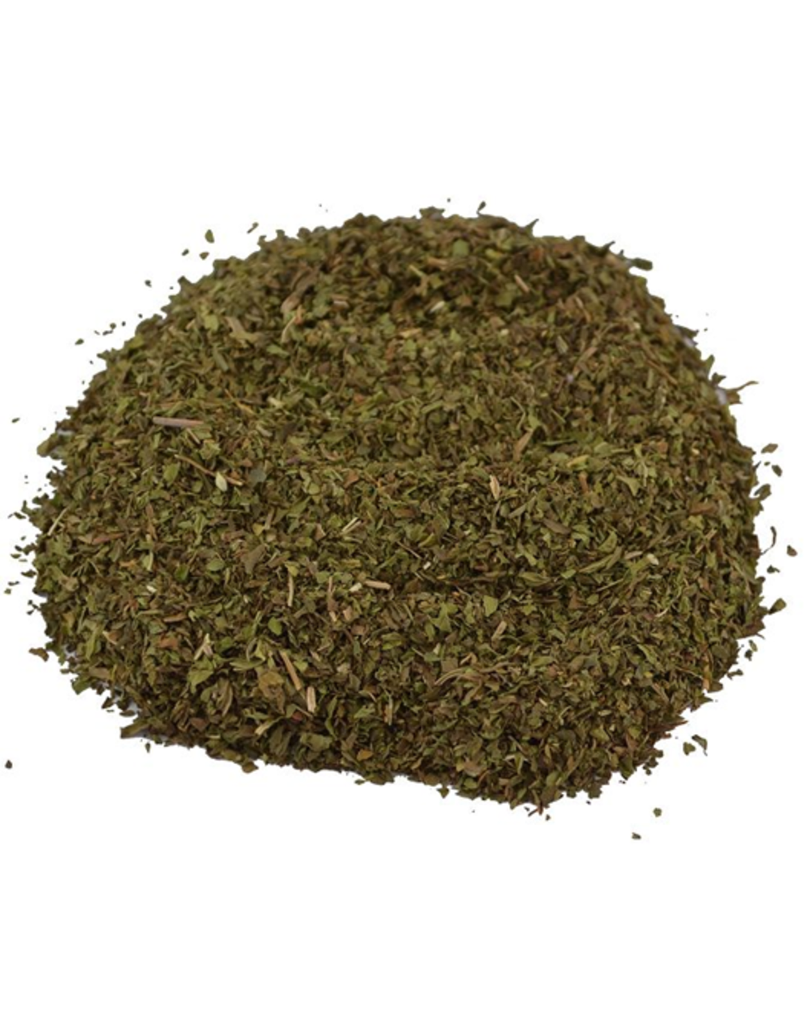 Mint: Green aromatic herb, dried and finely chopped, providing a fresh and refreshing flavor.
