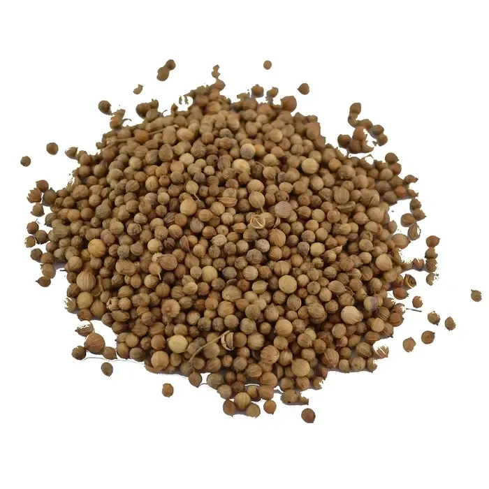 Whole coriander: dried coriander seeds, round and light beige in color