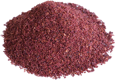 Sumac: Ruby red powder obtained from the dried berries of the sumac tree