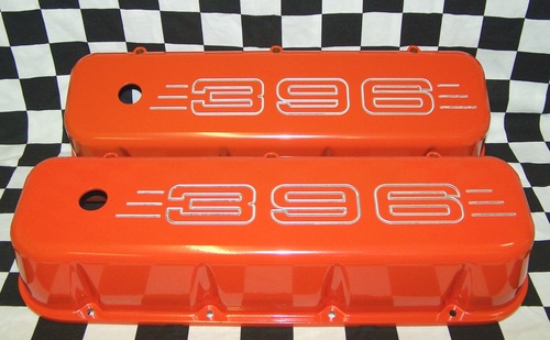 BIG BLOCK CHEVY 396 ALUMINUM VALVE COVERS POWDER COATED ORANGE