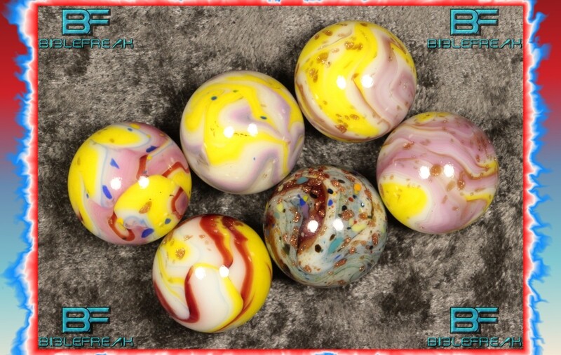 011259 Six (6) JABO JABO WVMCC ​Run Frit and Lutz Guinea Marbles MINT 9.0 3/4 +/-&quot;