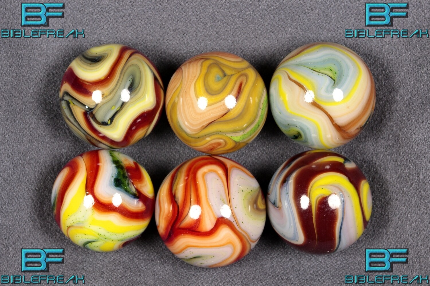 012401 Six (6) 2011 JABO HILLBILLY MAGIC SWIRLS &amp; AVENTURINE MINT 9.0 3/4&quot; +/- Marbles