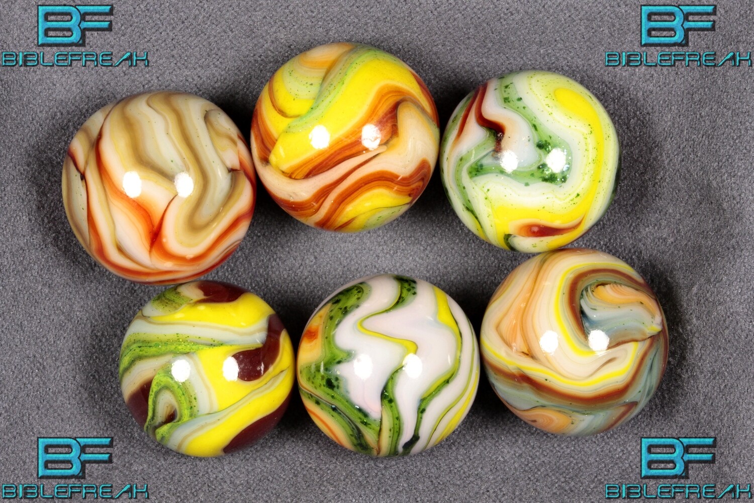 012403 Six (6) 2011 JABO HILLBILLY MAGIC SWIRLS &amp; AVENTURINE MINT 9.0 3/4&quot; +/- Marbles