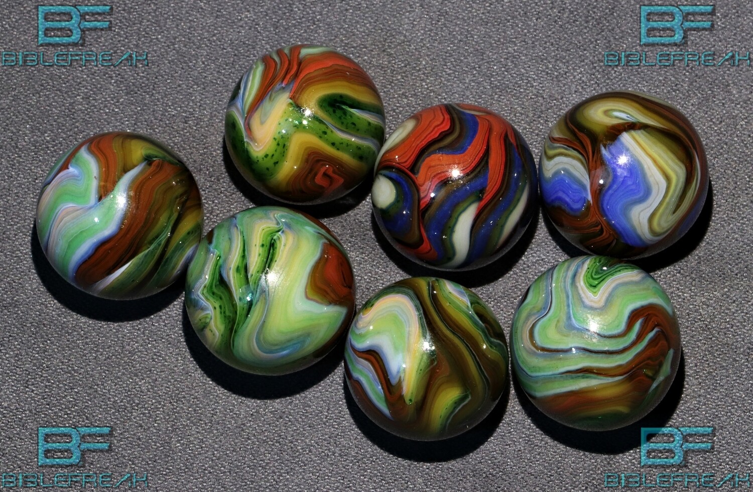 000827 Seven (7) 2012 JABO &quot;FOXFIRE II Run&quot; ACTION FLAME SWIRL MINT 9.0 3/4&quot; +/- Marbles