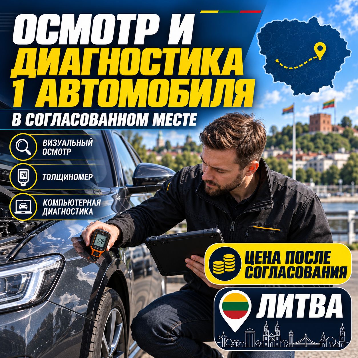 Осмотр и диагностика 1 автомобиля в согласованном месте в Литве (цена меняется после согласования)