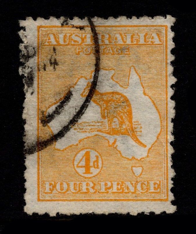 AUSTRALIA 1913 4d ORANGE-YELLOW, SG 6a, FLUFFY PERFS, CORNER CDS, CAT. £100