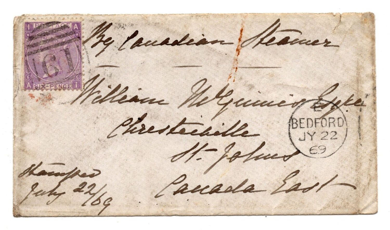 1869 ENVELOPE TO CANADA WITH 6d PL. 6 WITH HYPHEN TIED BEDFORD "61"