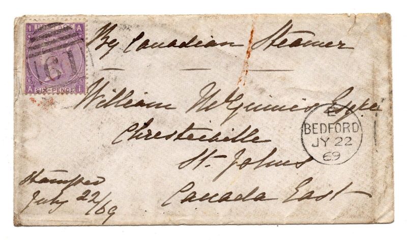 1869 ENVELOPE TO CANADA WITH 6d PL. 6 WITH HYPHEN TIED BEDFORD "61"