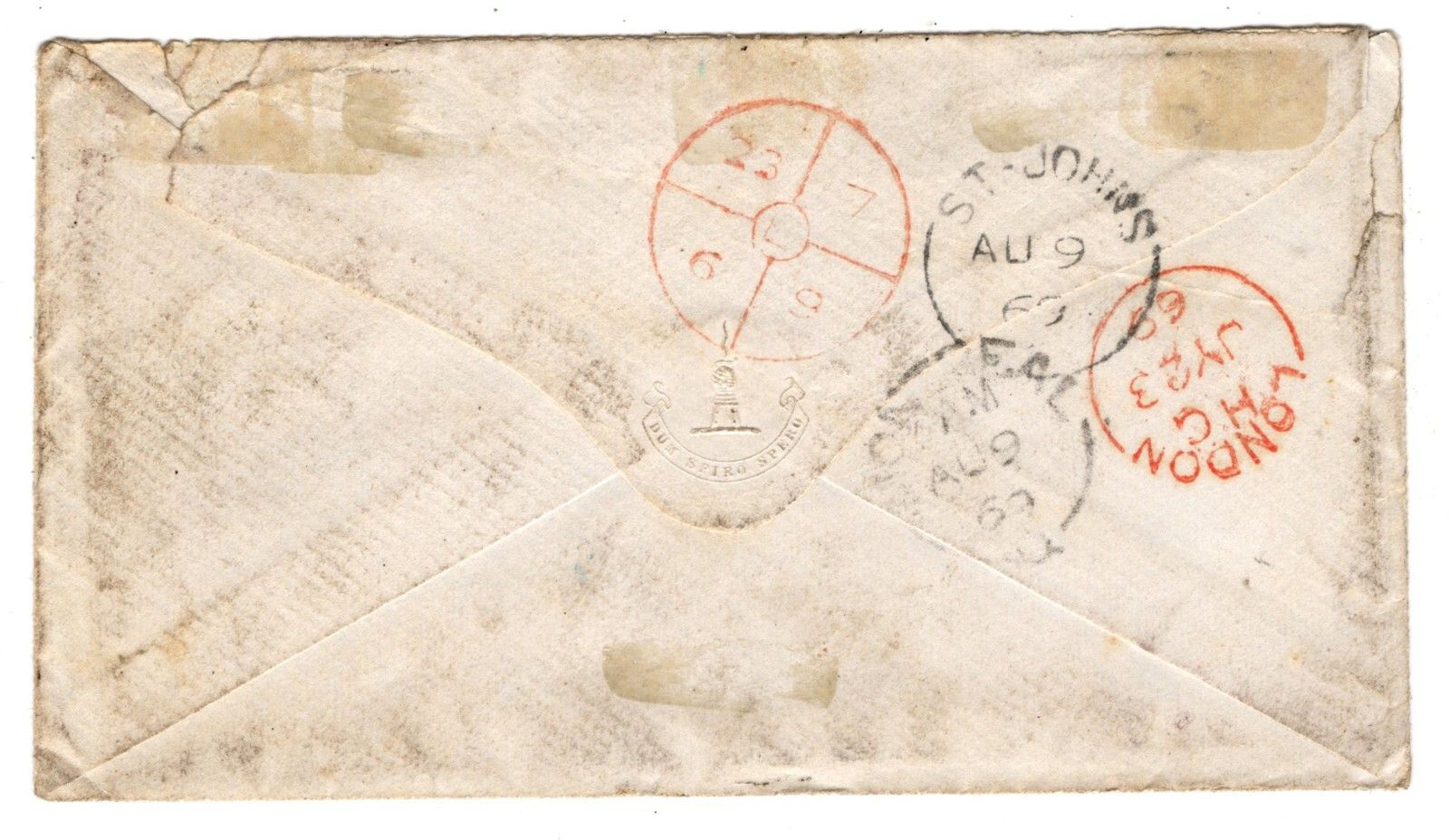 1869 ENVELOPE TO CANADA WITH 6d PL. 6 WITH HYPHEN TIED BEDFORD 