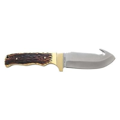 Schrade Knives Uncle Henry 4.75&quot; Plain Edge Stainless Steel Knife w/ Gut Hook, Full Tang, Fixed Blade w/ Staglon Handle