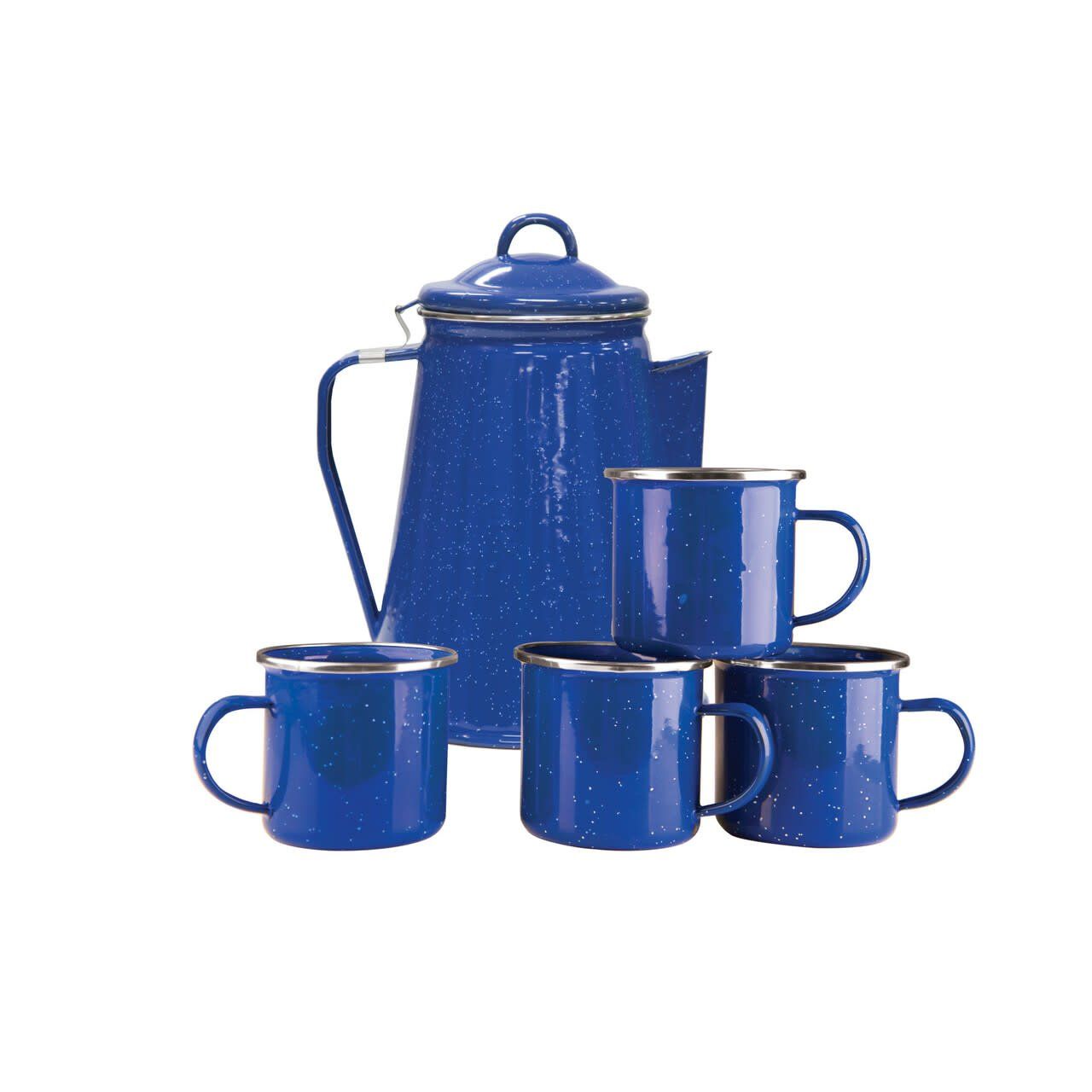 Stansport Blue Enamel Percolator Coffee Pot &amp; 4 Mug Set