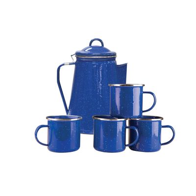 Stansport Blue Enamel Percolator Coffee Pot &amp; 4 Mug Set