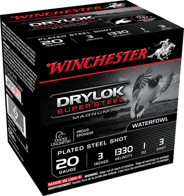 Winchester X Drylok 20 Gauge 3&quot; 1 oz 1330 fps #3 Steel Shotshells Shot 25Rds/Bx