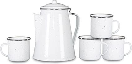Stansport White Enamel Percolator Coffee Pot &amp; 4 Mug Set