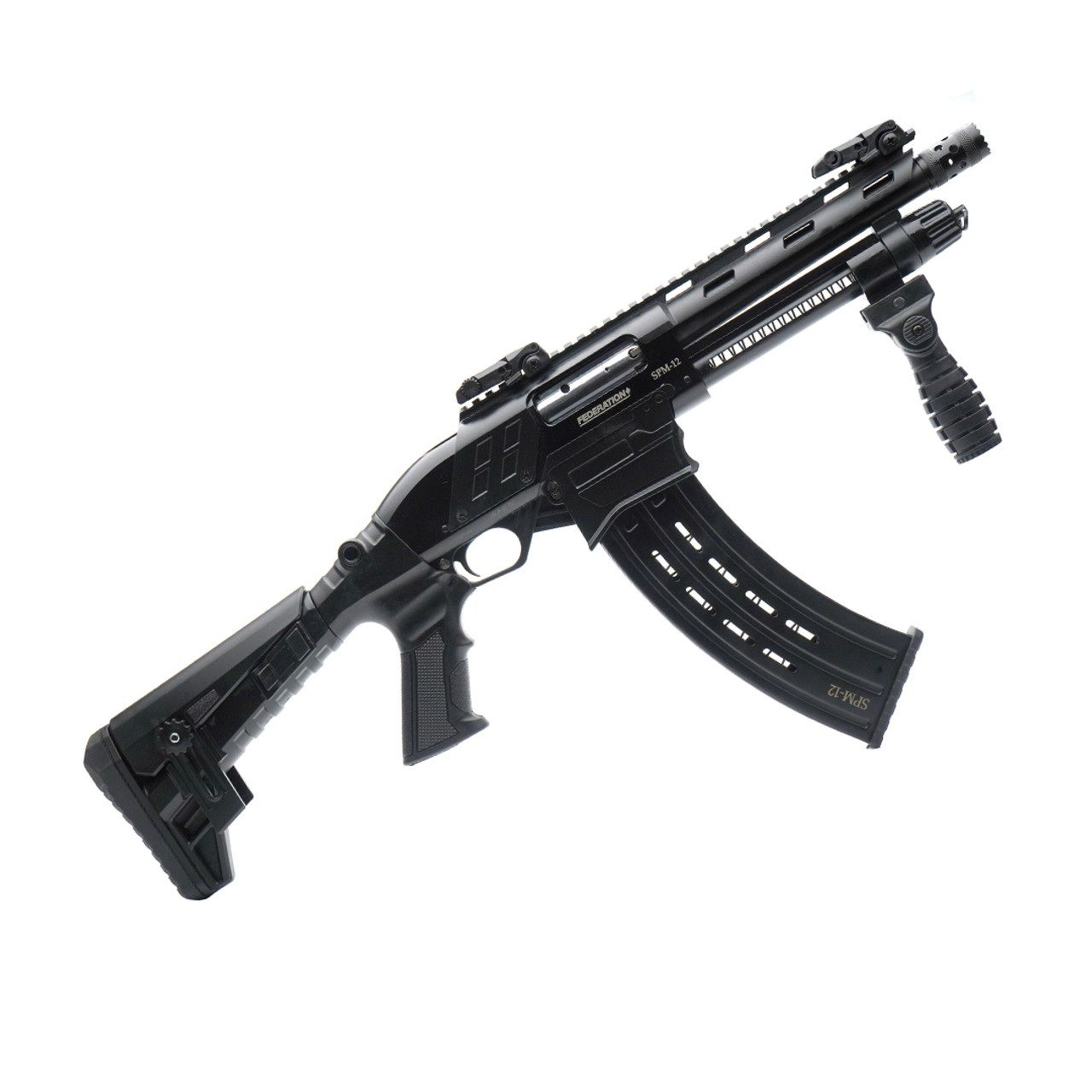 Federation Firearms SPM-12 Magazine-Fed Pump Action Shotgun, 12 Gauge 3&quot; Chamber w/Black Receiver 9&quot; Barrel, Synthetic Stock