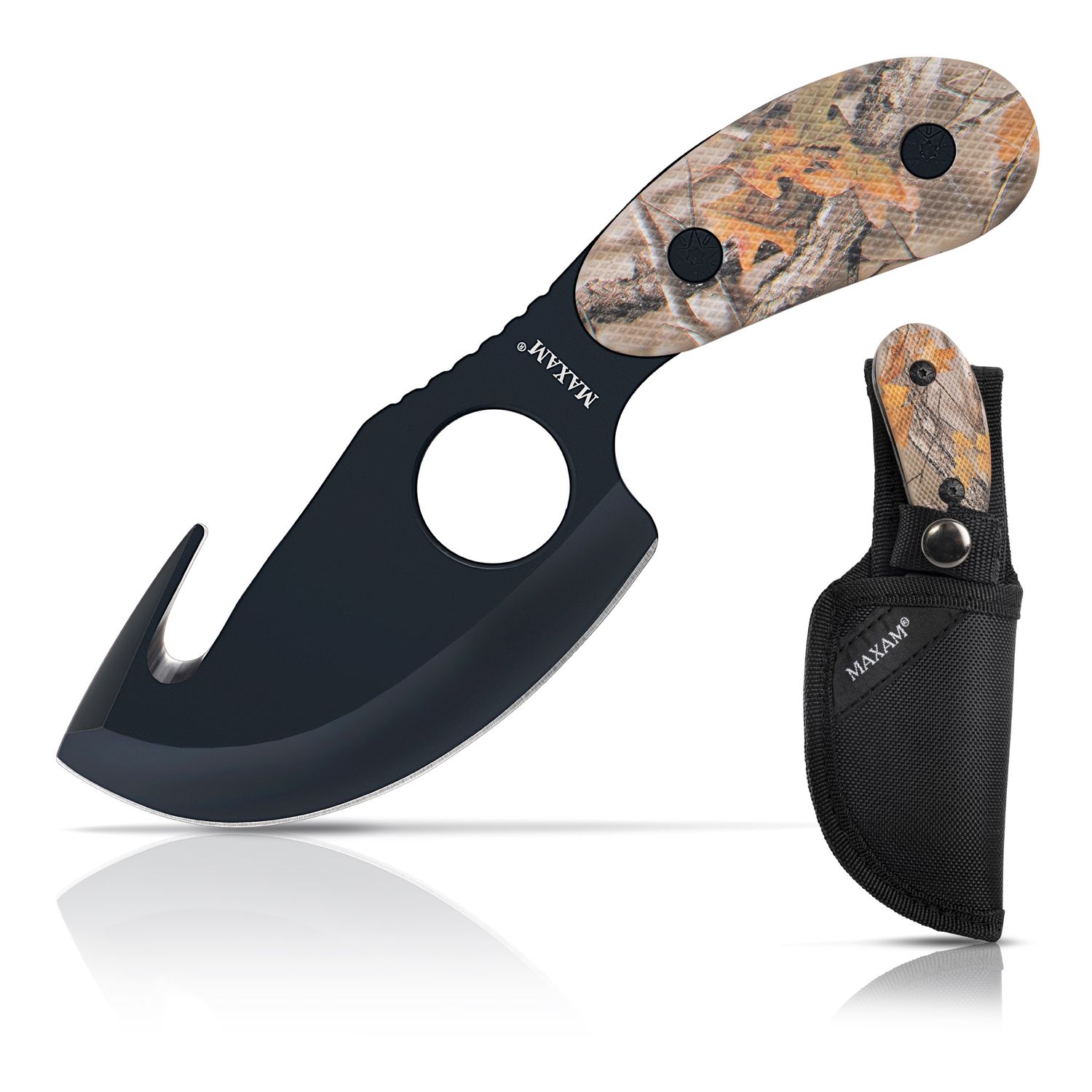 Maxam Camo Fixed Blade Knife, All in One Skinning Knife with Gut-Hook