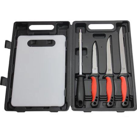 Maxam Flex 5 Piece Fillet Fishing Cutlery Set with Sharpening Steel, Cutting Board and Durable Leymar Handles