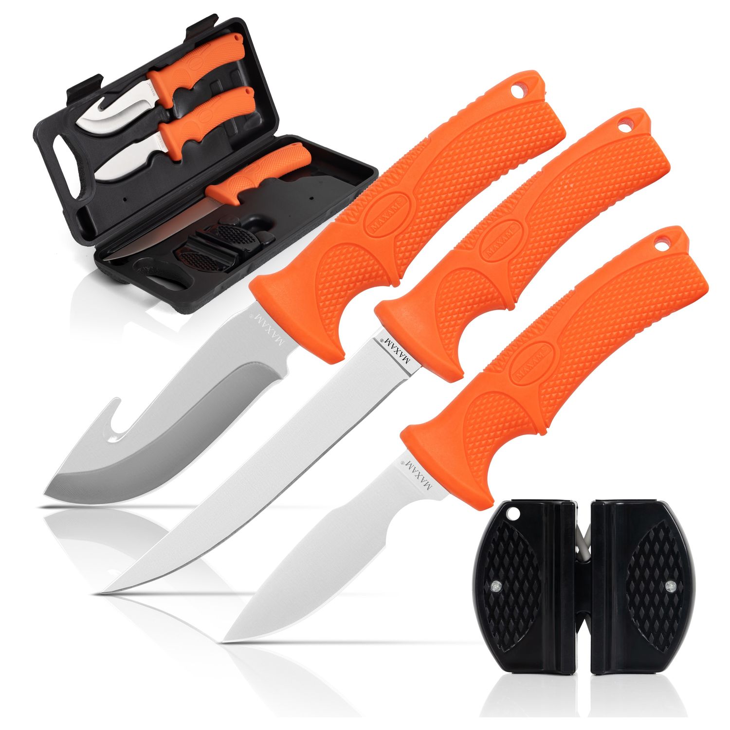 Maxam 5-Piece Fixed Blade Skinning Knife Set with Storage Case &amp; Double-Sided Sharpener