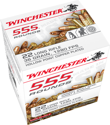 Winchester 22 LR 36 Grain Hollow Point Copper Plated 555 R ounds Winchester 22 LR 36 Grain Hollow Point Copper Plated 555 R ounds